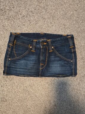 True Religion Dark Blue Denim Mini Skirt with Contrast Stitching